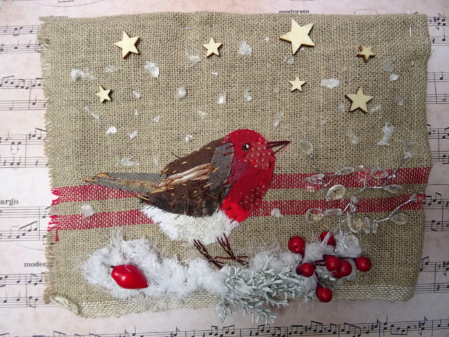 Peggy’s robin with embroidery Meilleurs voeux 2021 - rouge gorge façon mandy Patullo